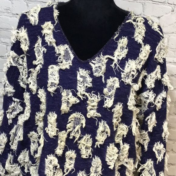 Funky Vintage Fringe Patch V- Neck Sweater Unique BoHo Fringe - Picture 2 of 8